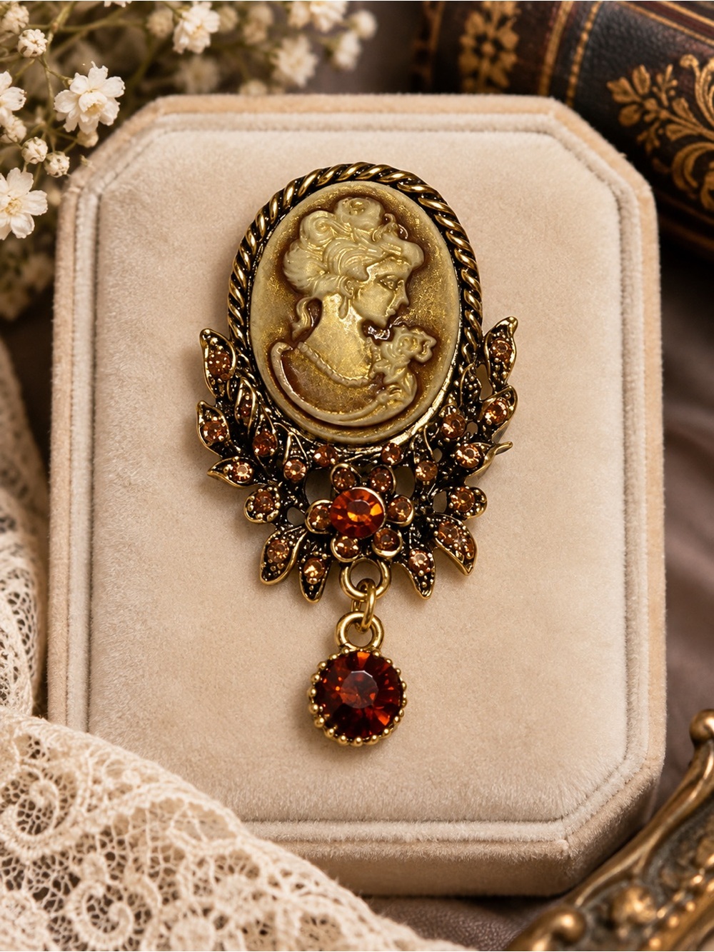 Victorian Cameo Brooch Amber Tone Rhinestones Ornate Vintage Style Gold Tone